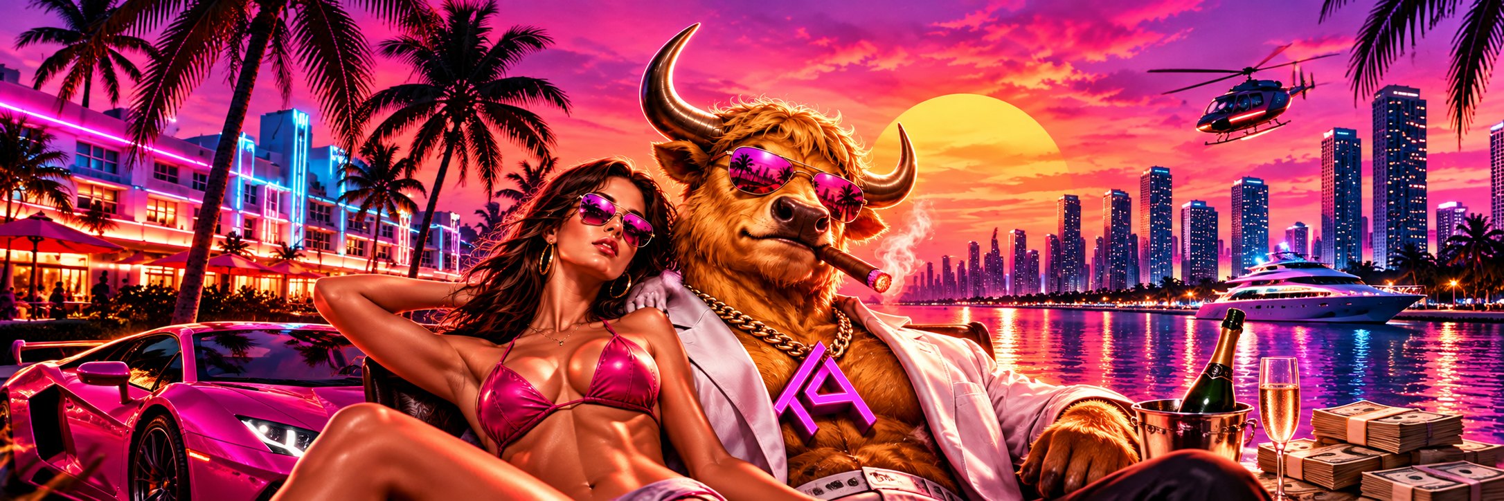 Key art: the Aura Final Bull and the Muse lounging at a Miami marina at sunset with a pink supercar, champagne, cash stacks, a yacht and a helicopter