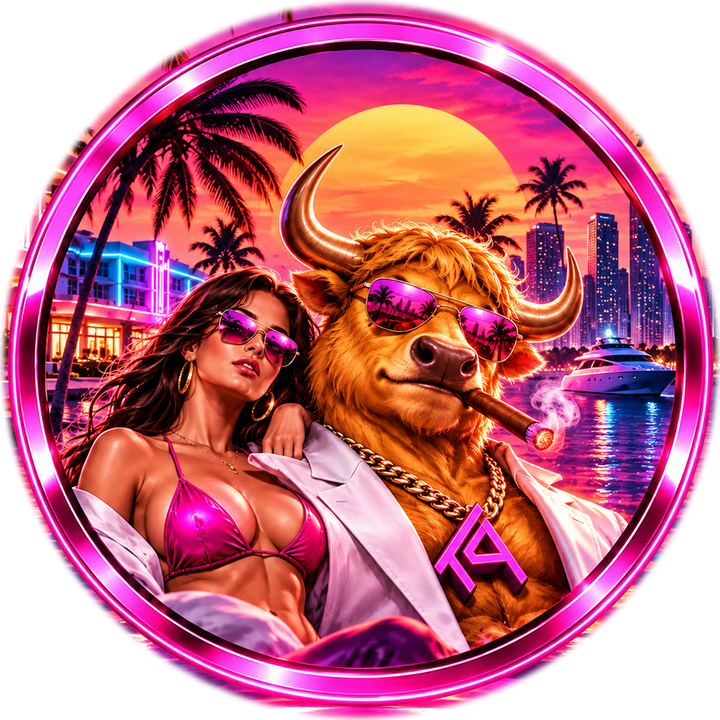 The Aura Final Bull in pink aviators with a cigar, beside the Muse in a pink bikini, framed in a neon pink ring over a sunset marina