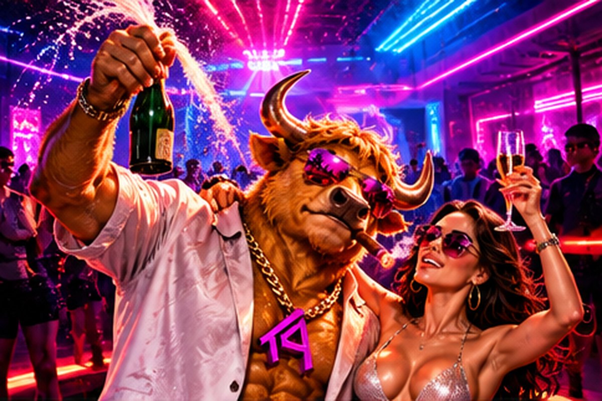 The Bull spraying champagne in a neon nightclub while the Muse raises a glass