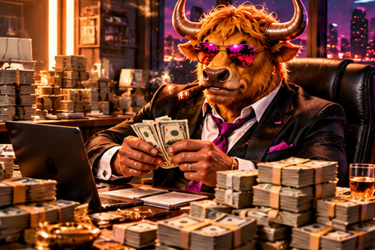The Bull in a suit counting cash at a desk stacked with money