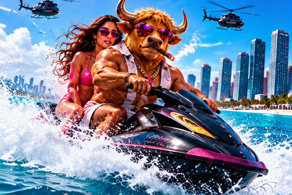 The Bull and the Muse racing a jet ski past the skyline with helicopters overhead