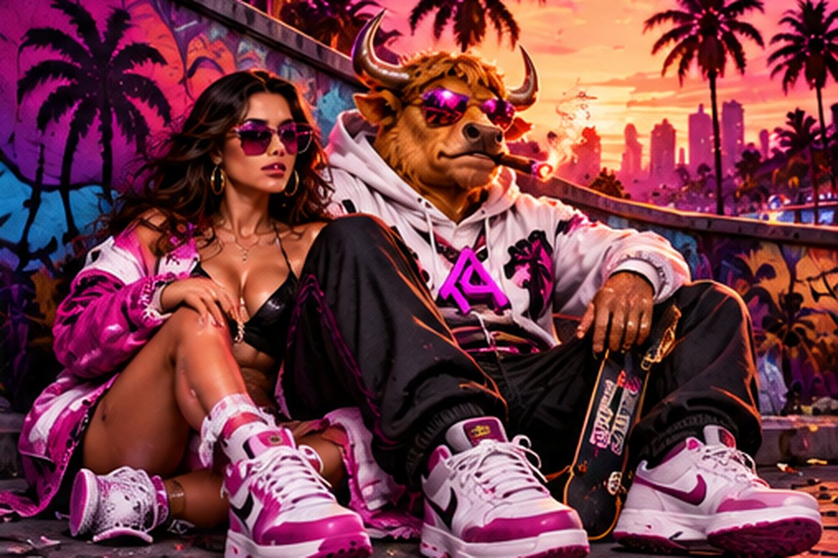 The Bull in a hoodie and pink sneakers sitting with the Muse by a graffiti wall