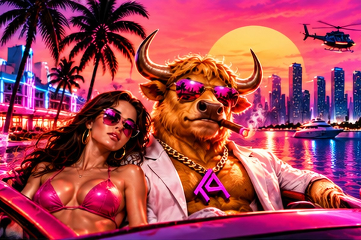 The Bull and the Muse in a pink convertible at the marina at sunset, a yacht and helicopter behind them