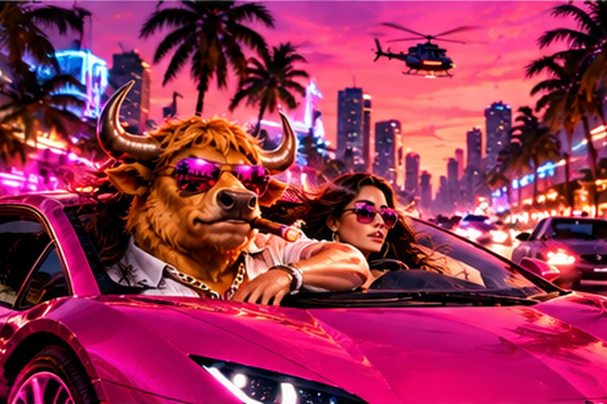 The Bull and the Muse driving a pink supercar down a neon boulevard with a helicopter overhead