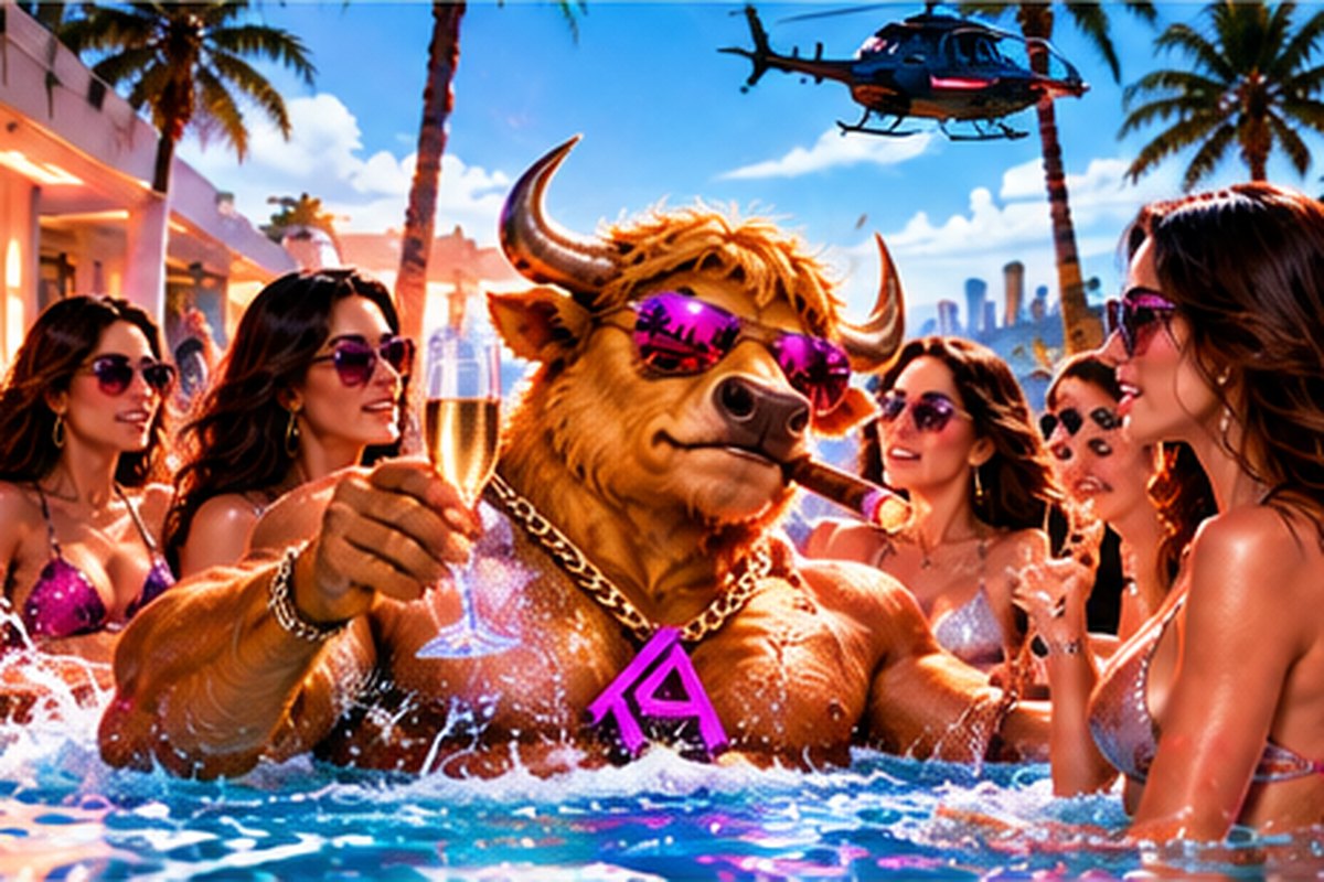 The Bull raising champagne in a pool surrounded by partygoers in sunglasses