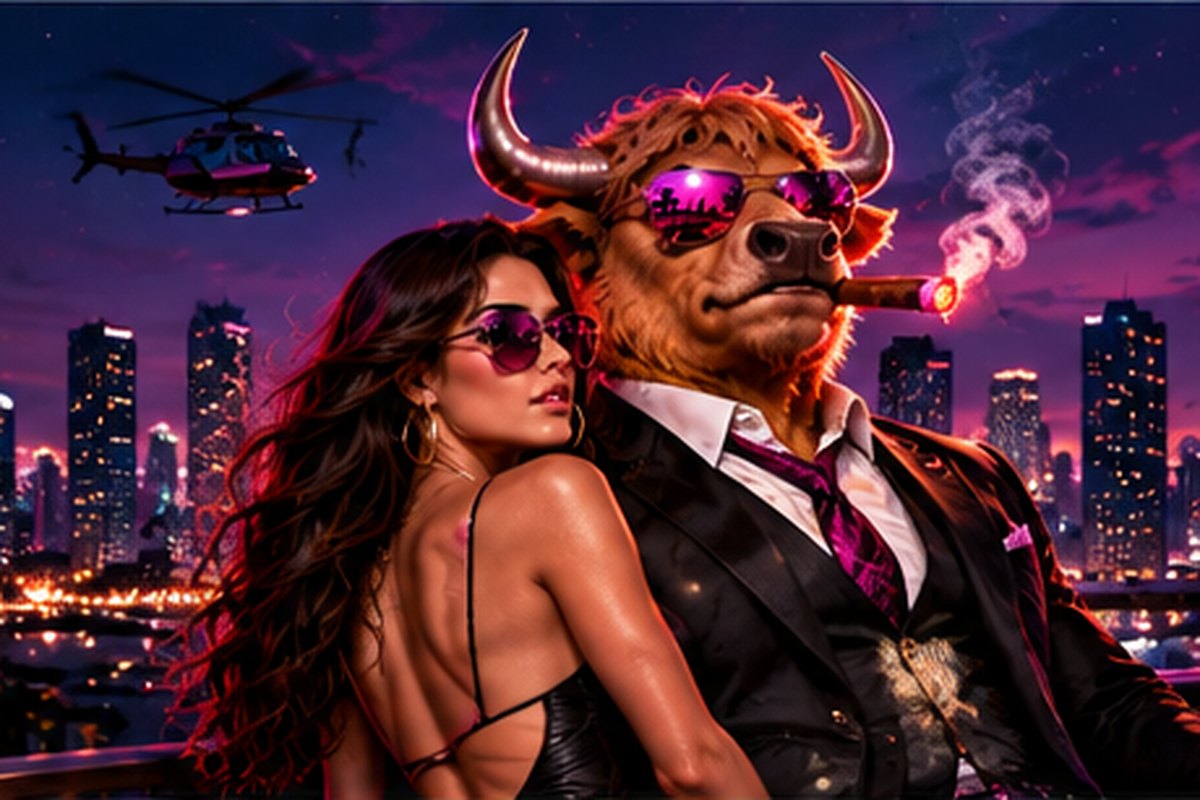 The Bull in a black suit with a cigar and the Muse on a rooftop above the night skyline