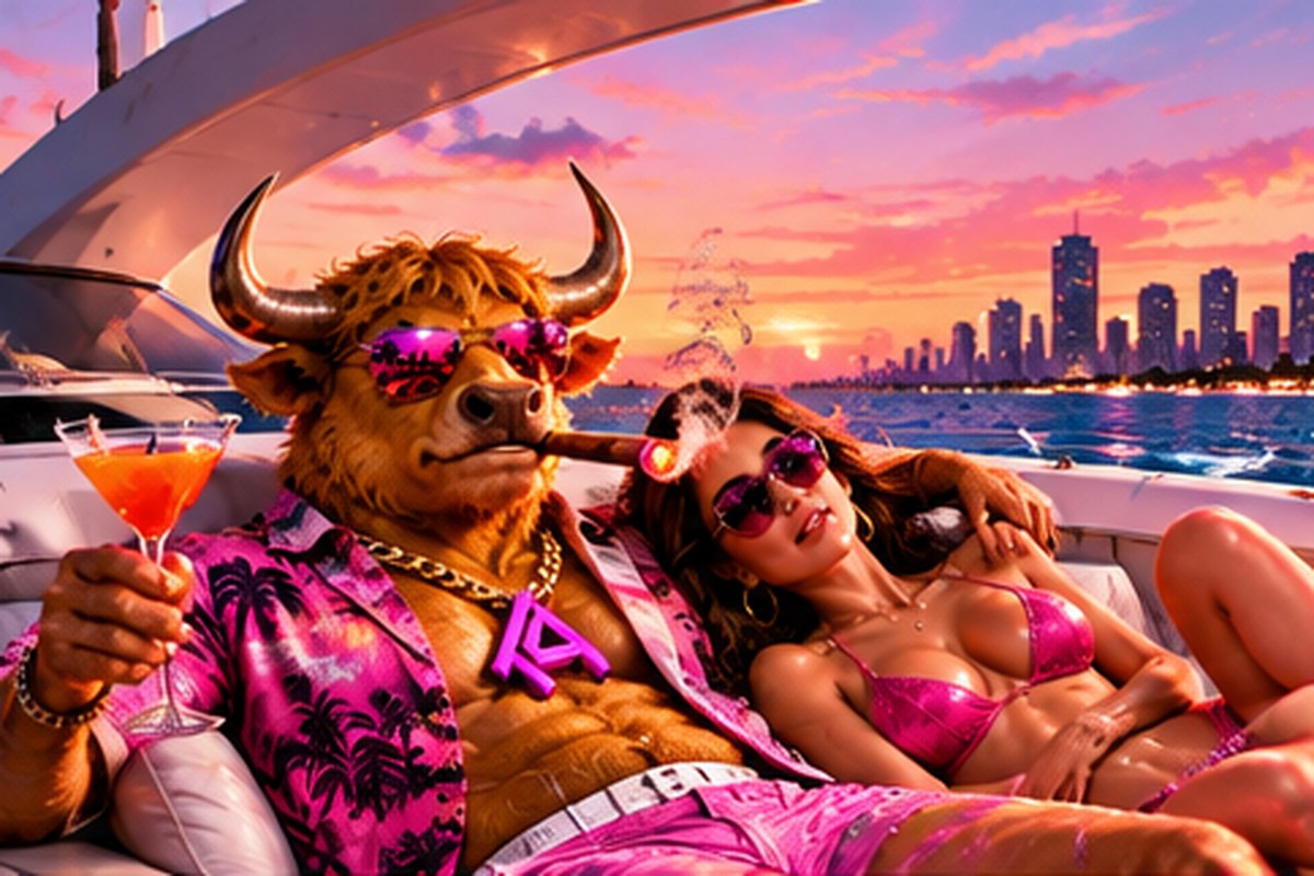 The Bull in a pink palm-print shirt lounging on a yacht deck with a cocktail beside the Muse