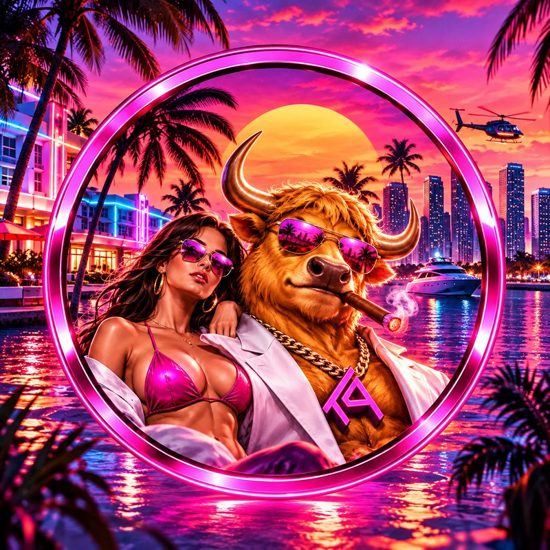 The $GTA ring emblem: the Bull and the Muse in a neon pink circle over a sunset marina