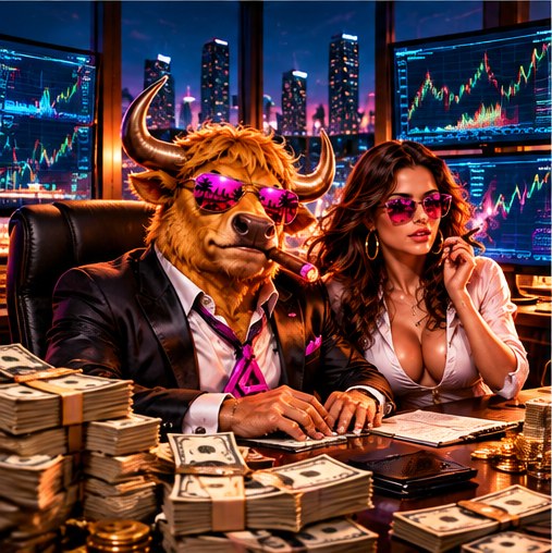 The Aura Final Bull at a desk piled with cash in front of glowing trading charts