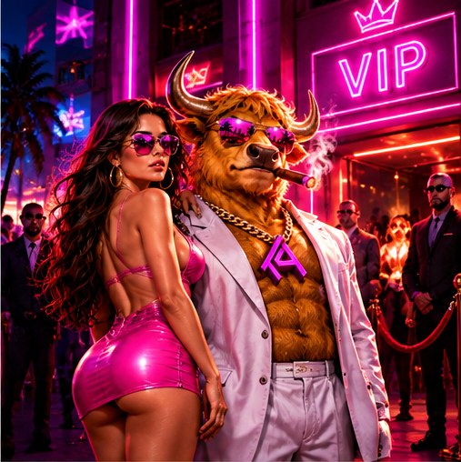 The Muse in a pink dress beside the Bull outside a neon VIP club with bouncers at the rope